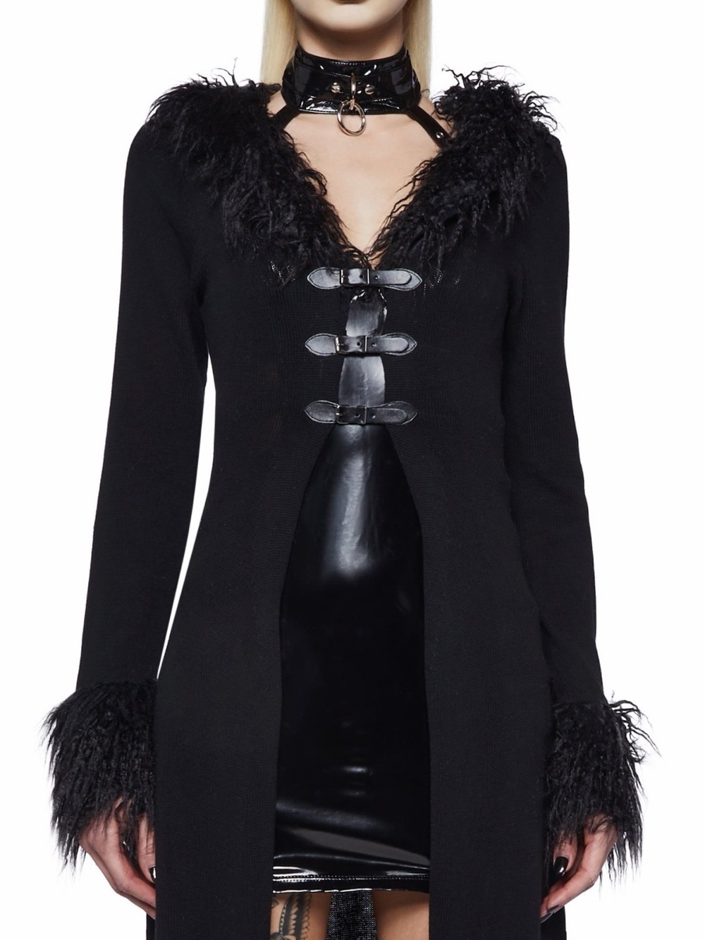 Black Long Faux Fur Feather-Trim Knit Cardigan Sweater with buckles